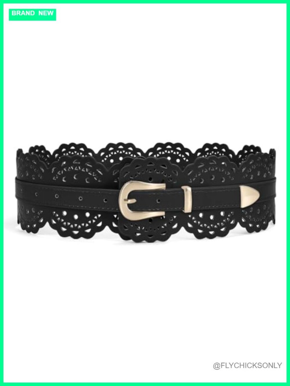 Vintage Hollow Flower Design Wide Faux Leather Waist Belt with Prong Buckle,